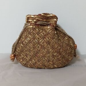Gold Dzi Beaded Sequin Silk Drawstring Evening Bag W/ Red Silk Lining
